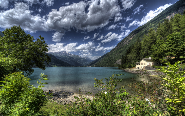 O Lago De Poschiavo, lago de montanha, Alpes, Su&#237;&#231;a, paisagem de montanha, HDR