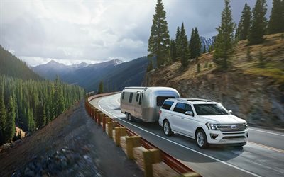 Ford Expedition, 2018, 4k, resa med bil, Amerikanska bilar, nya vita Expedition, off-road bilar, USA, berg, Ford, mountain road