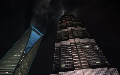 Grand Hyatt Shanghai, el Shanghai World Financial Center, metropolis, noche, rascacielos, Asia, Shanghai, China