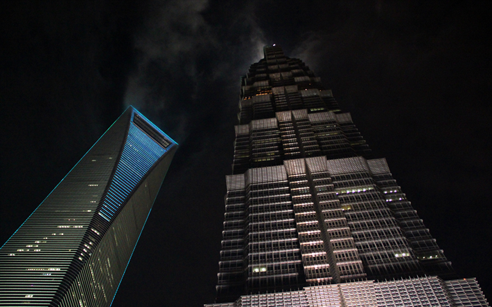 Grand Hyatt Shanghai, lo Shanghai World Financial Center, metropoli, notte, grattacieli, Asia, Shanghai, Cina