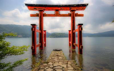 Santuario di Hakone, cancello, lago, giapponese, punti di riferimento, Hakone, Giappone, Asia