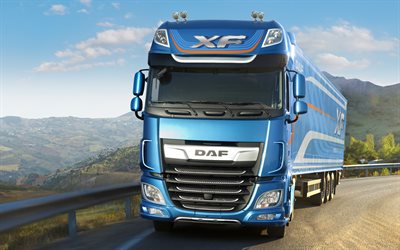 DAF XF, 4k, 2017, trucks, road, new DAF XF, blue xf, DAF