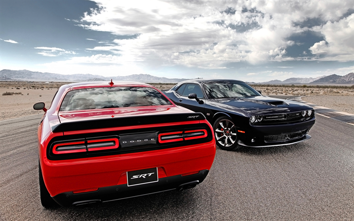 Dodge Challenger SRT, American carros esportivos, vermelho, preto Challenger, cup&#234; esportivo, Rodeio