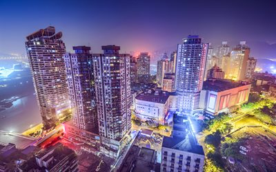 Chongqing, paesaggi notturni, fendinebbia, edifici, Asia, Cina