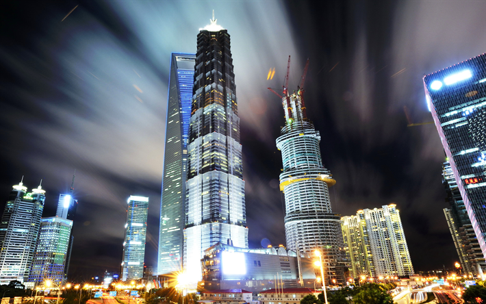 Shanghai, gratte-ciel, Shanghai World Financial Center, Jin Mao, la Chine, les lumi&#232;res de la nuit, la tour de Shanghai, point de rep&#232;re