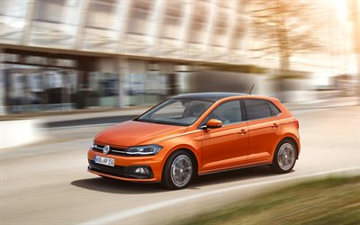 Volkswagen Polo R-Line, 4k, road, 2018 cars, arancione polo, VOLKSWAGEN Polo, Volkswagen