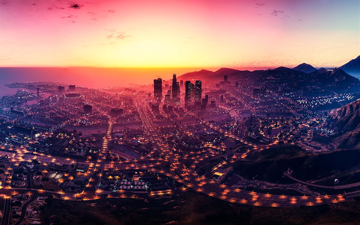 Grand Theft Auto V, GTA 5 Los Santos, coucher de soleil, le monde du jeu