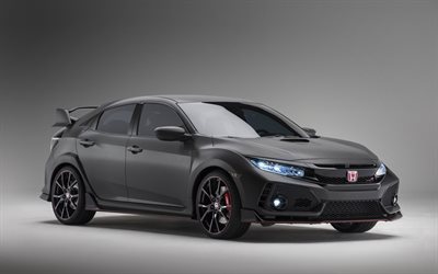 Honda Civic Type R, 2018, 4k, tuning, black matte Civic, black wheels, Japanese cars, Honda