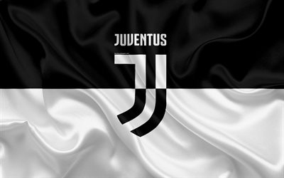 4k, Juventus, Italy, black and white, football club, Serie A, new Juventus emblem, silk flag