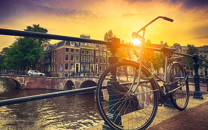 アムステルダム, 4k, 自転車, オランダ, 欧州