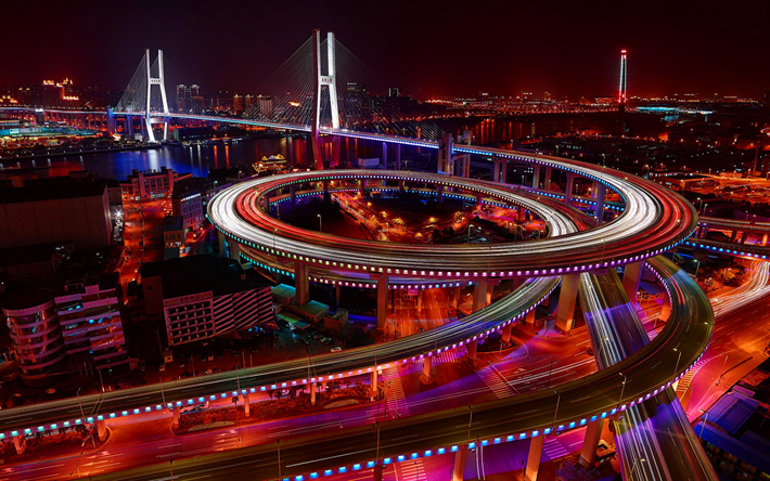 Nanpu Bridge, notte, Huangpu Qu, Shanghai, Cina, Asia