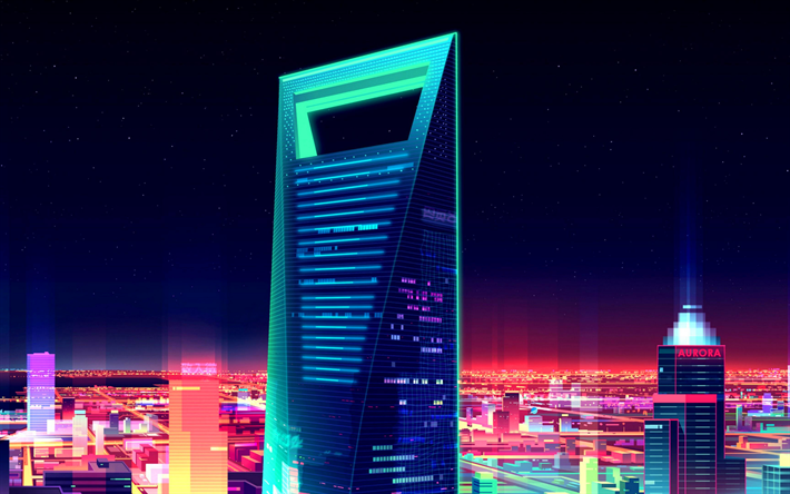 Shanghai World Financial Center, 4k, 3d art, neon, night, skyscrapers, Shanghai, China