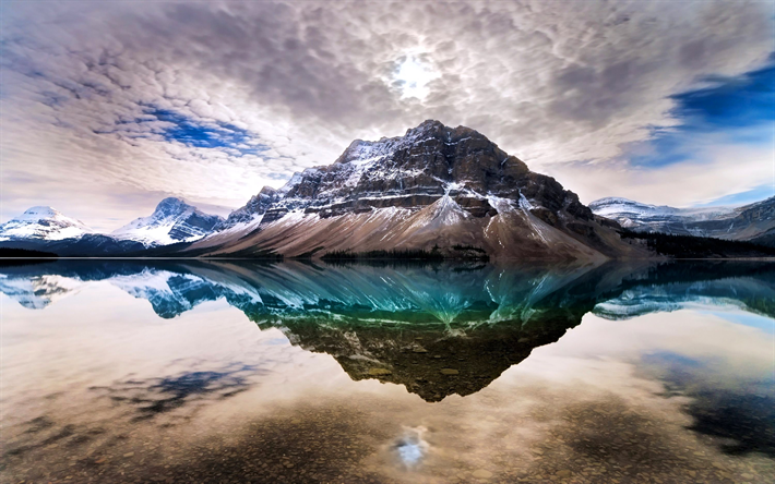 Bow Lake, clouds, mountains, canadian landmarks, Banff National Park, Canada
