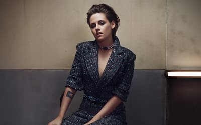 Kristen Stewart, 4k, 米国人女優, 肖像, ファッションモデル, グレーの女性の衣装