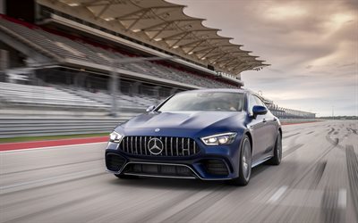 Mercedes-AMG GT 63S 4MATIC, 2019, blue matt sports sedan, coupe, tuning, race track, front view, Mercedes