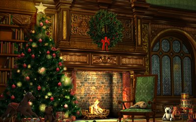 Christmas tree, 3d, fireplace, evening, New Year, Christmas, wreath, lights