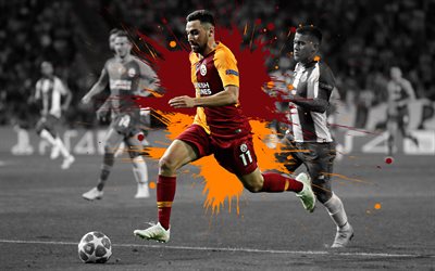 Sinan Gumus, 4k, art, Galatasaray, forward, Turkish football player, red orange splashes of paint, grunge art, Turkey, football