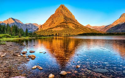 lago de montanha, pedras, rochas, p&#244;r do sol, paisagem de montanha, outono, EUA