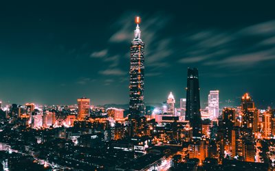 4k, Taipei 101, skyskrapor, natt, moderna byggnader, Taiwan, Kina, Asien