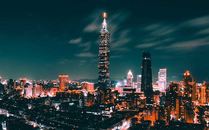 4k, il Taipei 101, grattacieli, paesaggi notturni, edifici moderni, Taiwan, Cina, Asia