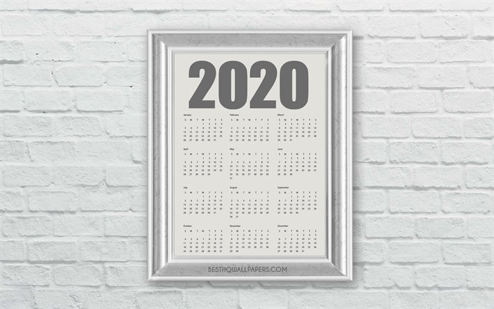 2020 Calendar, all months, calendar 2020 in frame, stone wall, wooden frame, white brick wall, 2020 concepts, 2020 New Year