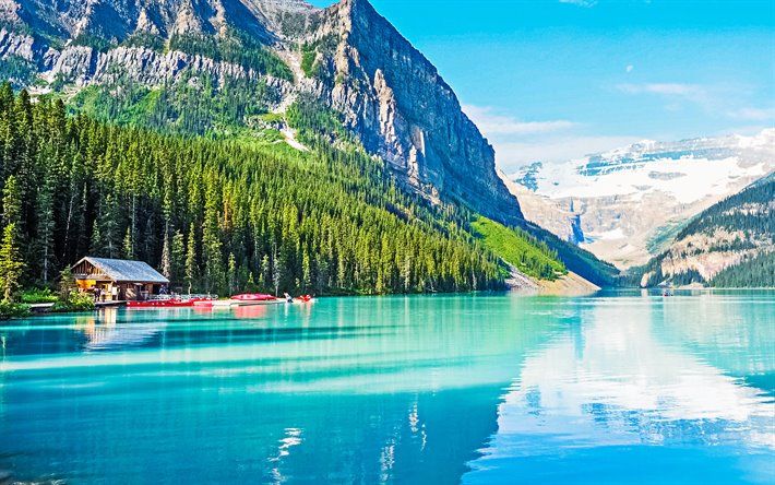 Lake Louise, manh&#227;, lago de montanha, rochas, paisagem de montanha, lago glacial, O Parque Nacional De Banff, Alberta, Canad&#225;