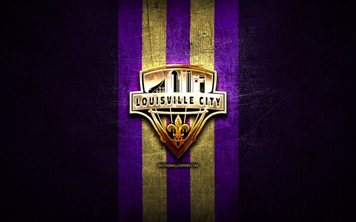 louisville city fc, golden logo, usl, violett, metall, hintergrund, american soccer club, vereinigte fu&#223;ball-liga, louisville city logo, soccer, usa
