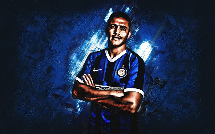 Alexis Sanchez, FC Internazionale, Inter Milan, portre, Şilili futbolcu, forvet, mavi yaratıcı arka plan, Serie A İtalya, futbol