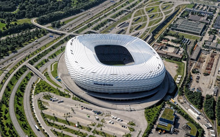 Allianz Arena, allemand, stade de football, aero vue, Munich, Allemagne, le FC Bayern Munich stade, des terrains de sport, Bundesliga