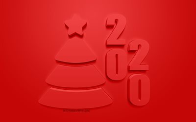 Vermelho 2020 3d de fundo, &#193;rvore de Natal em 3d, Feliz Ano Novo 2020, fundo vermelho, 3d letras, 2020 arte 3d