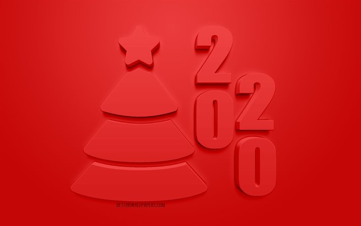 Red 2020 3d background, 3d Christmas tree, Happy New Year 2020, red background, 3d letters, 2020 3d art