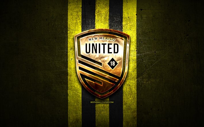 Novo M&#233;xico United FC, ouro logotipo, USL, metal amarelo de fundo, americano futebol clube, United Soccer League, Novo M&#233;xico, Estados logotipo, futebol, EUA