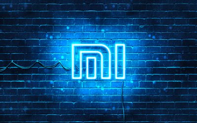 Xiaomi logo blu, 4k, blu, brickwall, Xiaomi logo, marchi, Xiaomi neon logo, Xiaomi