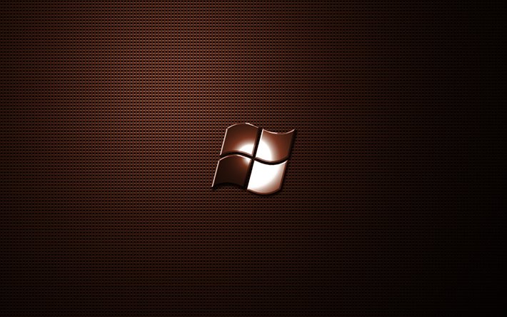 Windows marrone, logo, grafica, griglia di metallo sfondo, il logo di Windows, creativo, Windows, Windows logo in metallo