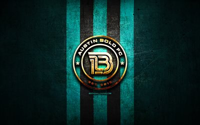 Austin Bold FC, golden logo, USL, blue metal background, american soccer club, United Soccer League, Austin Bold logo, soccer, USA