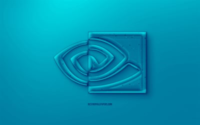 Blue Nvidia 3D logo, Blue background, Blue Nvidia jelly logo, Nvidia emblem, GeForce, creative 3D art, Nvidia