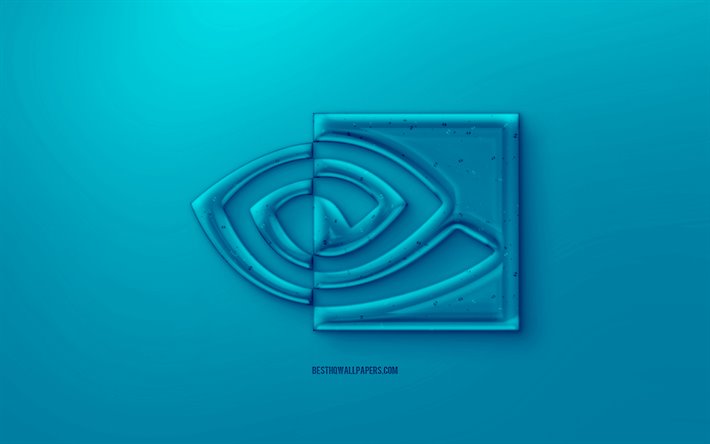Mavi birleşimiyle 3D logosu, Mavi arka plan, Mavi j&#246;le Nvıdıa logosu, Nvıdıa amblemi, GeForce, yaratıcı 3D sanat, Nvıdıa