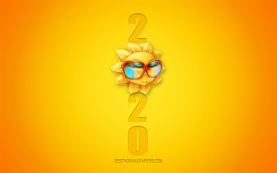 2020 fond Jaune avec 3D Soleil, bonne et Heureuse Ann&#233;e 2020, l&#39;&#201;t&#233; 2020 fond, concept 2020, &#224; 2020 de la Nouvelle Ann&#233;e, 2020 art 3d