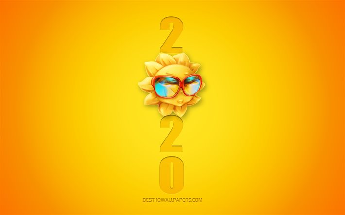 2020 fondo Amarillo con el Sol en 3D, Feliz Nuevo A&#241;o 2020, en el Verano de 2020 fondo, 2020 concepto de 2020, A&#241;o Nuevo, 2020 arte 3d