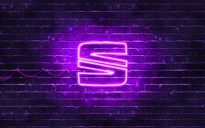 Seat violet logo, 4k, violet brickwall, Seat logo, cars brands, Seat neon logo, Seat