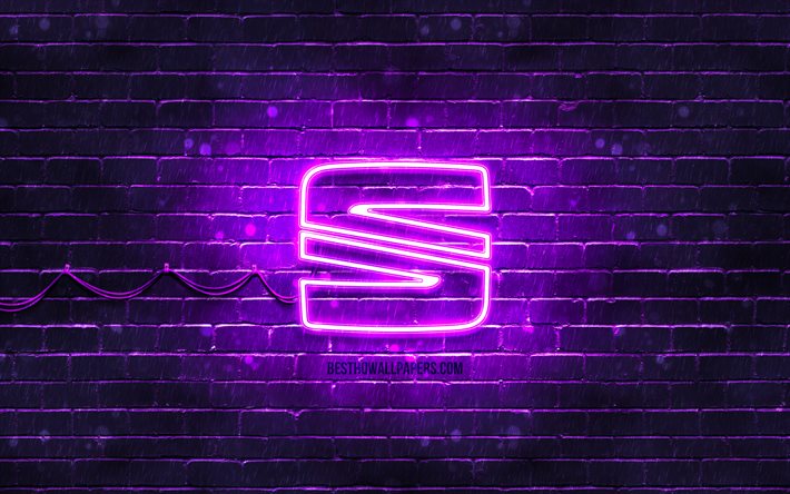 Seat violet logosu, 4k, menekşe brickwall, Seat logosu, otomobil markaları, Seat neon logo, Seat