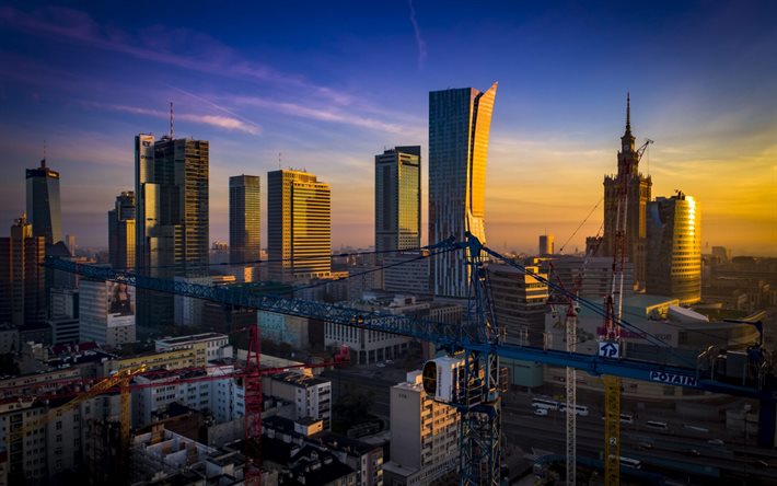 Varsavia, mattina, alba, grattacieli, edifici moderni, grattacieli di Varsavia, paesaggio urbano di Varsavia, Polonia