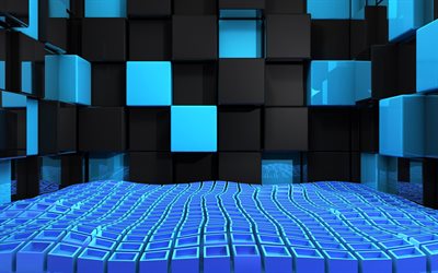 blue and black cubes, 4k, creative, blue backgrounds, square textures, 3D squares background