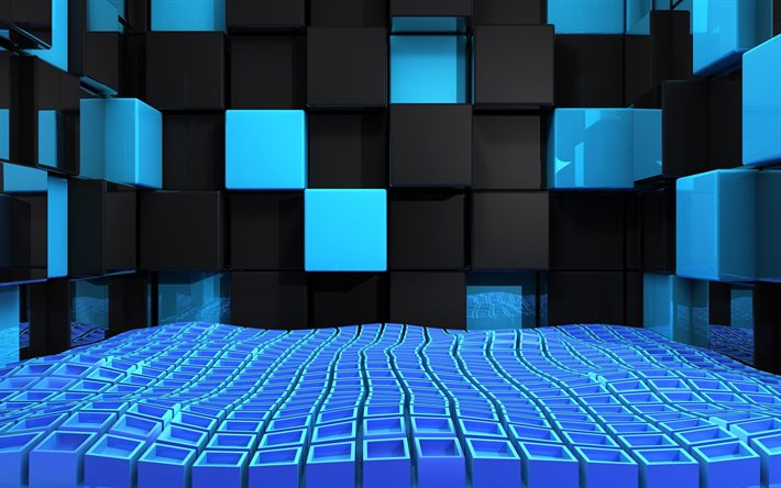 青と黒の立方体, 4k, creative クリエイティブ, 青い背景, 正方形のテクスチャ, 3D正方形の背景