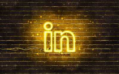 LinkedIn logo jaune, 4k, jaune brickwall, logo LinkedIn, les r&#233;seaux sociaux, LinkedIn n&#233;on logo, LinkedIn