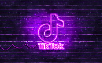 TikTok violetti logo, 4k, violetti tiilisein&#228;, TikTok logo, sosiaaliset verkostot, TikTok neon logo, TikTok