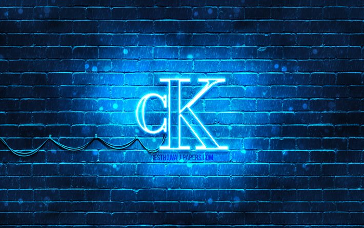 Calvin Klein blue logo, 4k, blue brickwall, Calvin Klein logo, fashion brands, Calvin Klein neon logo, Calvin Klein