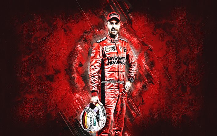 Sebastian Vettel, Scuderia Ferrari, Formel 1, tysk racerf&#246;rare, r&#246;d stenbakgrund, Ferrari