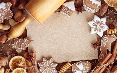 Christmas cookies frame, 4k, christmas cookies, christmas concepts, Happy New Year, Christmas decorations, Christmas frame