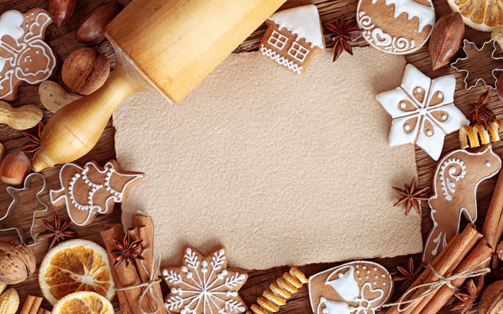 クリスマスクッキーフレーム, 4k, クリスマスクッキー, クリスマスのコンセプト, 新年あけましておめでとうございます, でてくるのは？, クリスマスフレーム